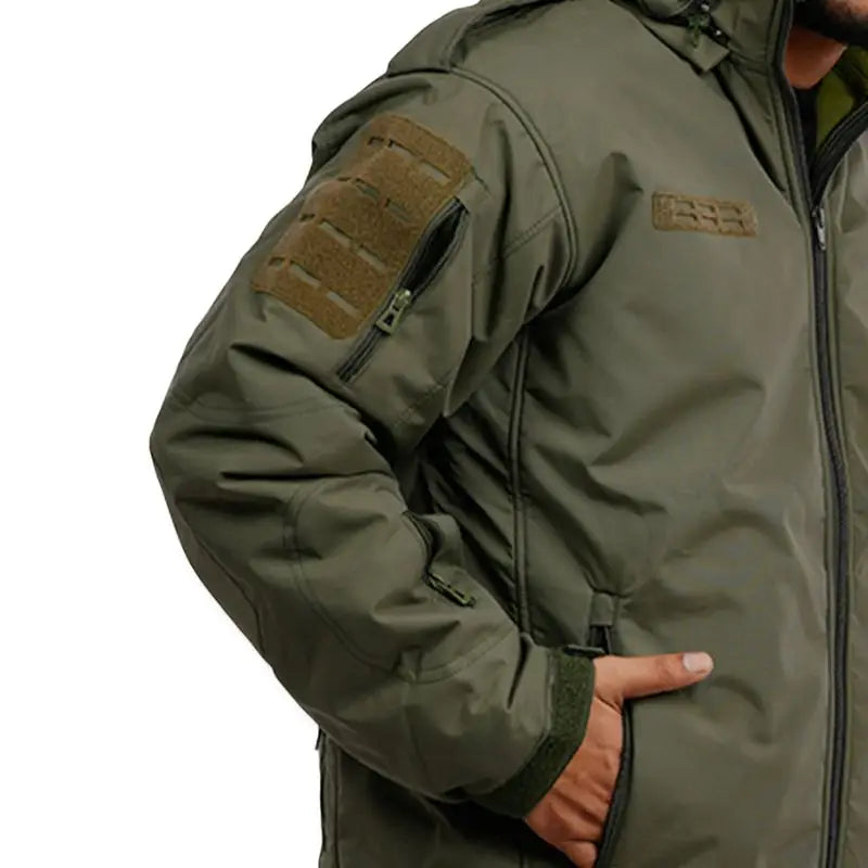 Men’s NLTW tactical softshell jacket with removable inner liner, olive green, durable outdoor jacket with multiple pockets.