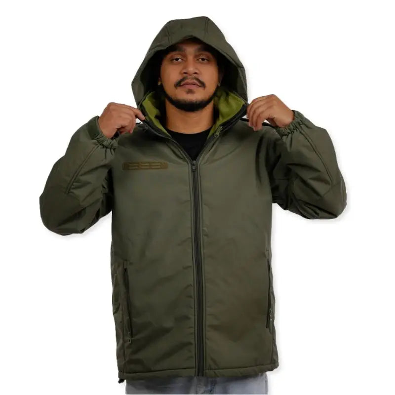 NLTW men's tactical softshell jacket with removable inner liner, olive green color, designed for outdoor and tactical use.