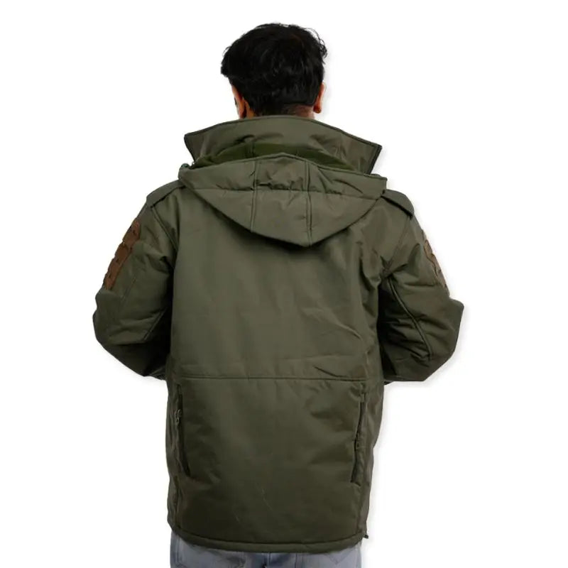 NLTW men's tactical softshell jacket with removable inner liner, olive green color, shown with front view and functional pockets.