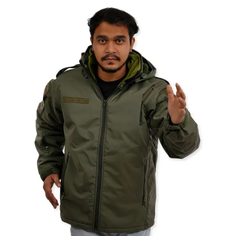 Men's NLTW tactical softshell jacket with removable inner liner, olive green color, shown with front view and functional design features.