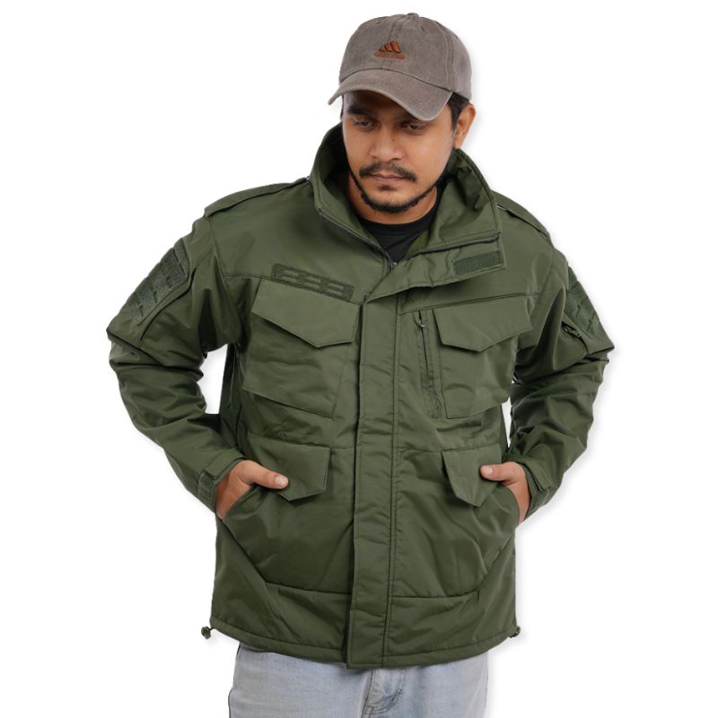 Men's olive green NLTW utility jacket with box pockets, featuring a rugged design and multiple front storage compartments.