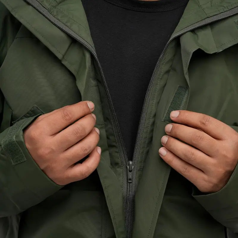 NLTW men's waterproof hiking jacket with hood, windproof shell in olive green, suitable for outdoor trekking and weather protection