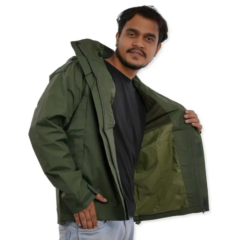 Men's waterproof hiking jacket by NLTW with hood, windproof shell in olive green, designed for outdoor adventure and weather protection.