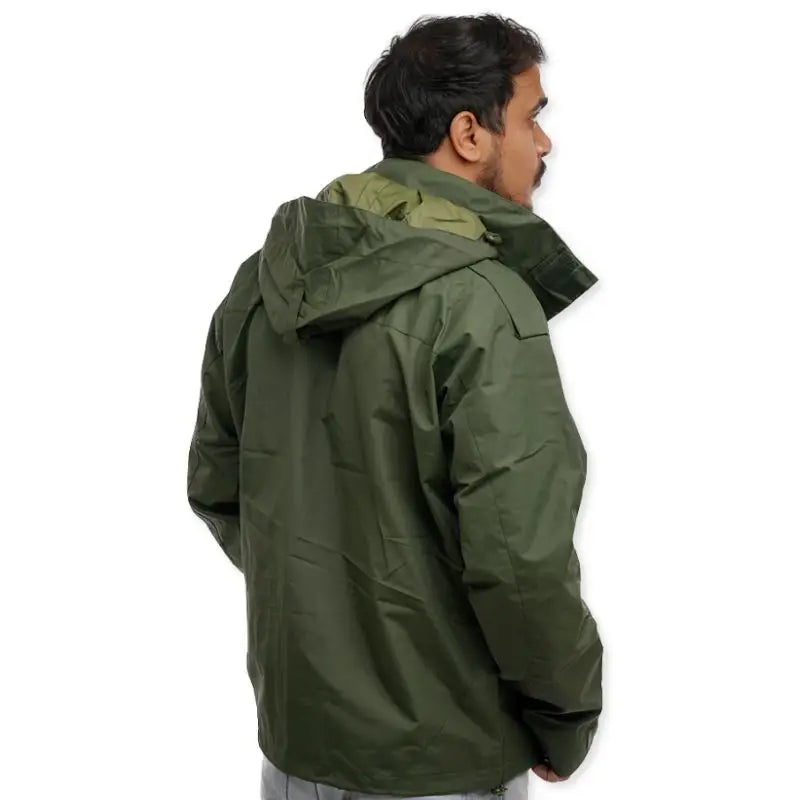 Men's waterproof hiking jacket by NLTW with hood, windproof shell in olive green, suitable for outdoor outdoor adventures.