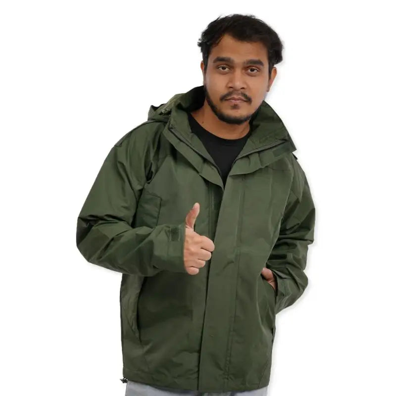 Men's waterproof hiking jacket by NLTW with windproof hood, olive green shell, designed for outdoor weather protection.