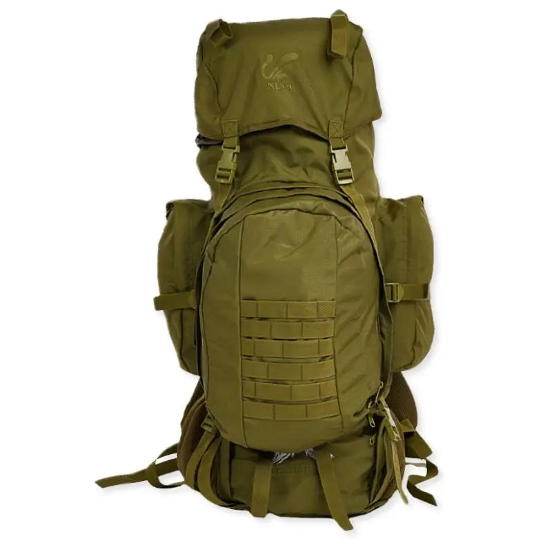 Green NLTW military-style 95L travel backpack with large capacity outdoor rucksack and multiple compartments.