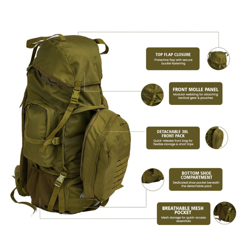 Green NLTW military-style travel backpack with 95L capacity, large outdoor rucksack with multiple compartments and sturdy design.