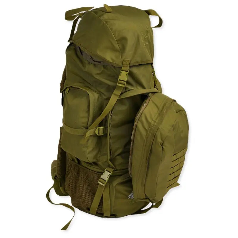 Green NLTW military-style 95L travel backpack with large capacity for outdoor adventures and rugged outdoor rucksack use.
