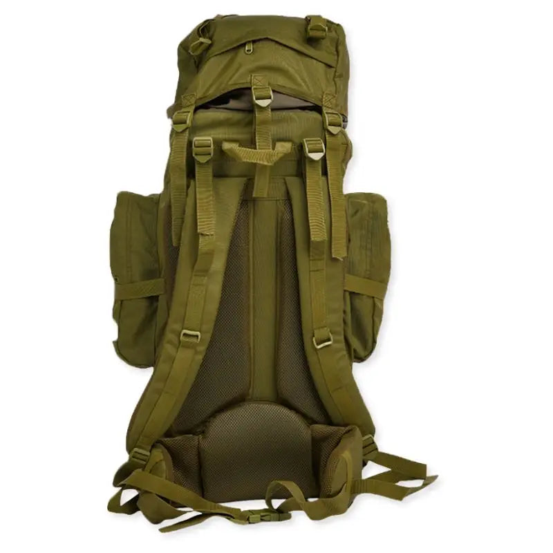 Green NLTW military-style 95L travel backpack with large capacity adventure rucksack, outdoor gear, and durable design.