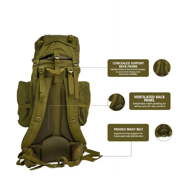 Green NLTW military-style 95L travel backpack with multiple compartments, large capacity outdoor rucksack for adventure and hiking.