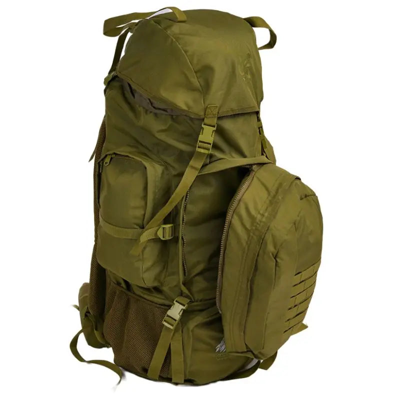 Green NLTW military-style 95L travel backpack with large capacity outdoor rucksack, rugged design, and multiple compartments.