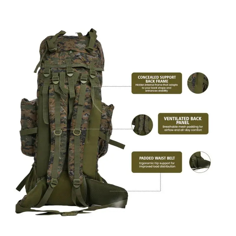 NLTW Tactical 95L travel backpack with multiple compartments, rugged adventure rucksack designed for outdoor and travel use.