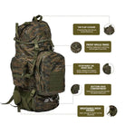 NLTW Tactical 95L travel backpack with multiple compartments, rugged rucksack ideal for adventure and outdoor activities.