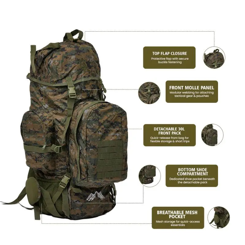 NLTW Tactical 95L travel backpack with multiple compartments, rugged rucksack ideal for adventure and outdoor activities.