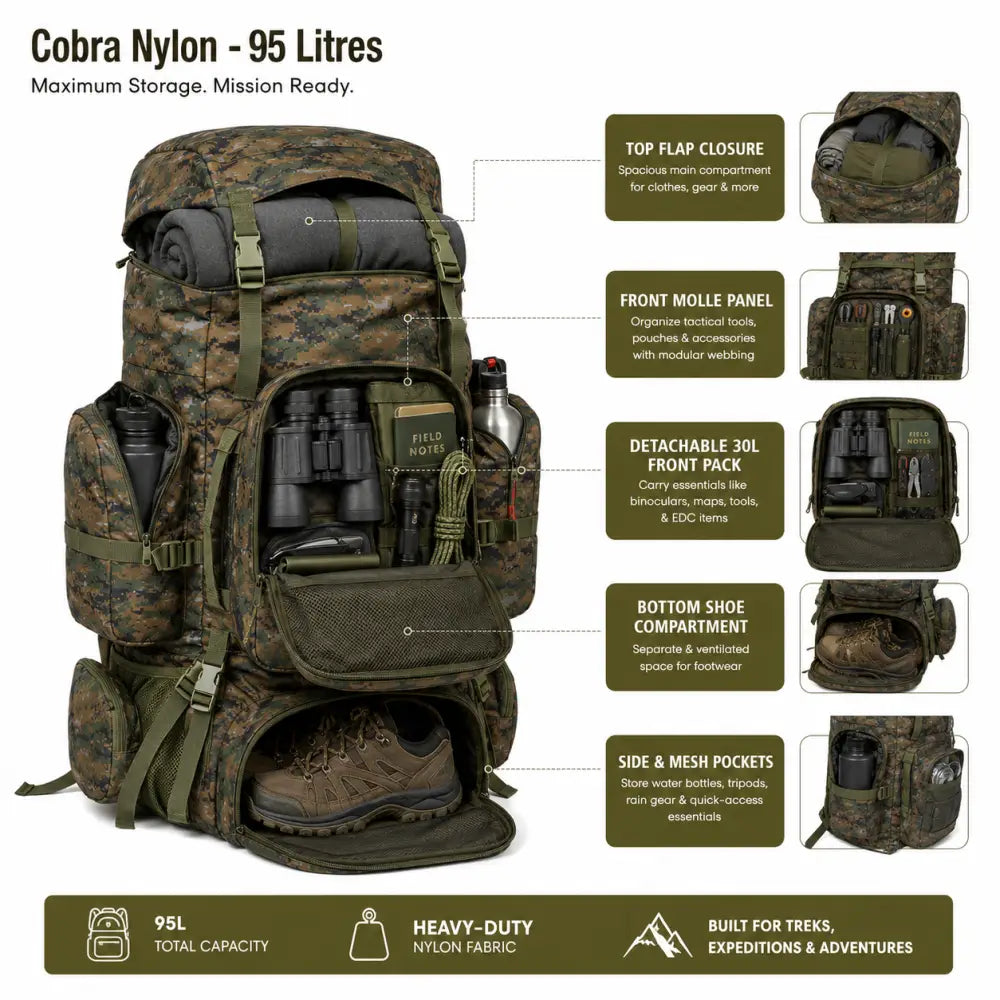 NLTW Tactical 95 Litres Travel Backpack with Multiple Compartments Adventure Rucksack - Cobra / 95 Litres - Rucksack