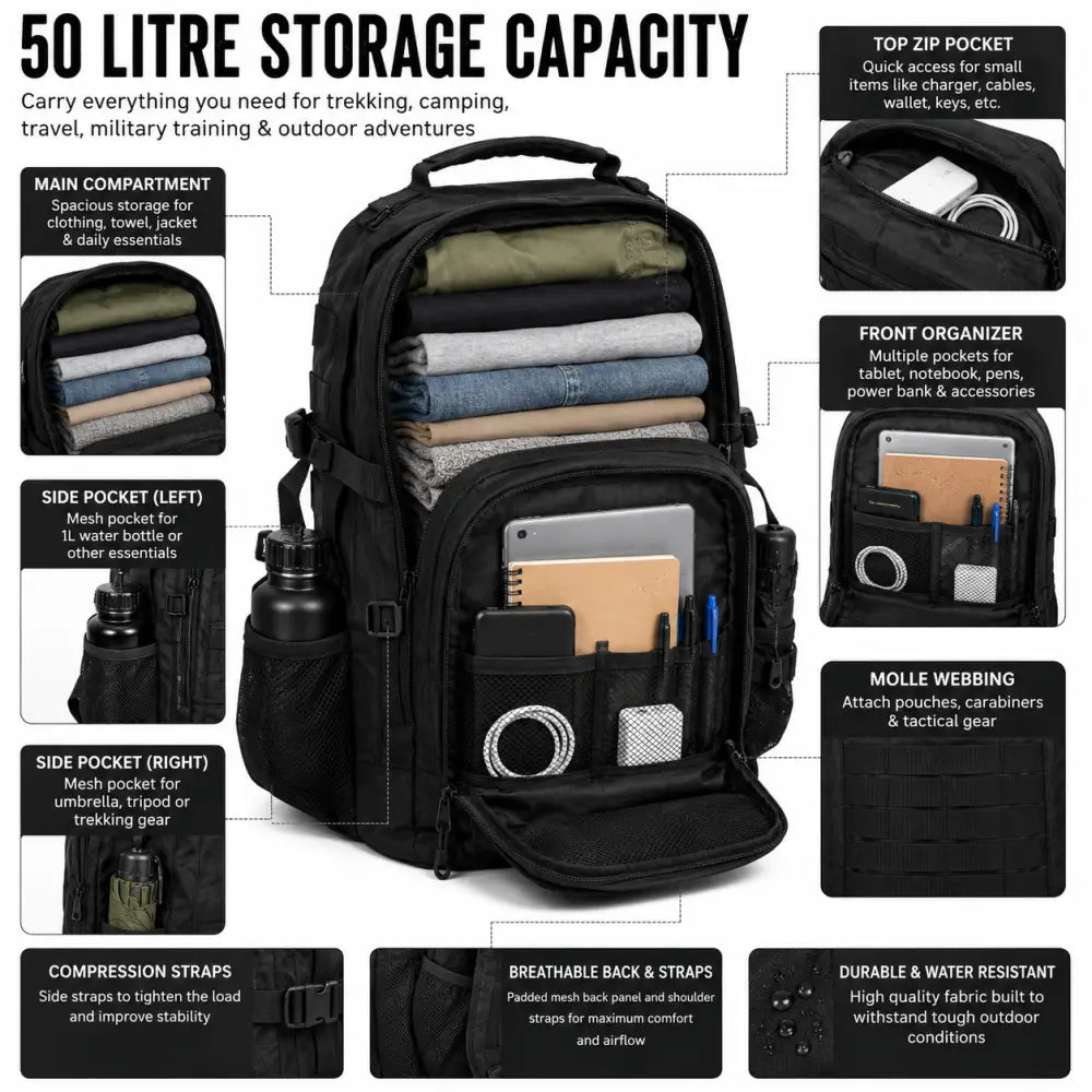 NLTW Tactical Day 55 Litres Backpack with MOLLE Front Panel Military-Style - Backpack