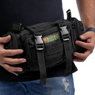 Black NLTW tactical duffel bag with multiple compartments, military-style design, and adjustable waist and sling straps.