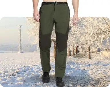 Olive green and black insulated hiking pants with reinforced knee panels