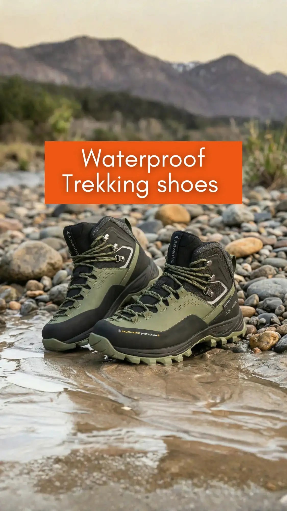 Olive green and black waterproof trekking shoes with rugged soles, designed for outdoor adventures.