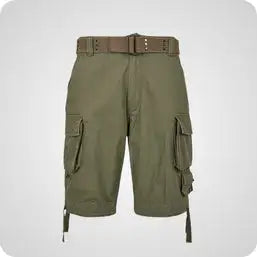 Olive green cargo shorts with multiple pockets and a matching belt