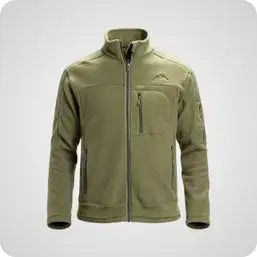 Olive green fleece jacket with a high collar, zippered front, and two side pockets.
