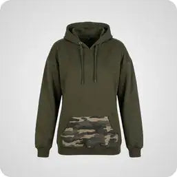 Olive green hoodie with a camouflage-patterned front pocket.