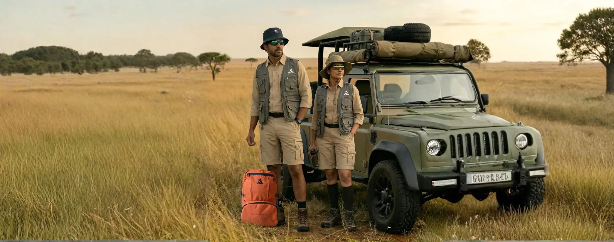 Olive green jeep wrangler with roof rack and spare tires