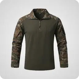 Olive green long-sleeved tactical shirt with camouflage pattern on sleeves and collar.