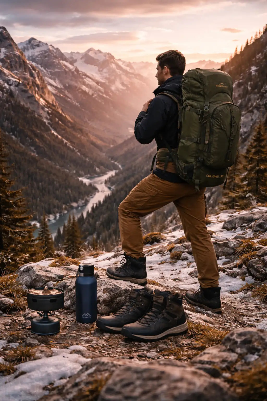 Olive green tatonka backpack with multiple compartments and a sturdy design, worn by a hiker on a mountain trail.