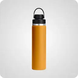 Orange insulated water bottle with black lid and handle.