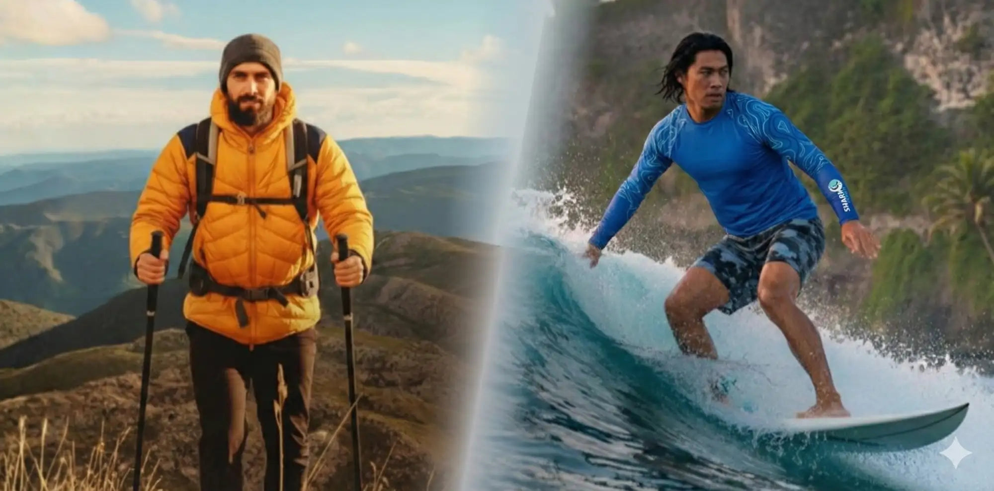 Orange puffer jacket with black backpack straps and hood