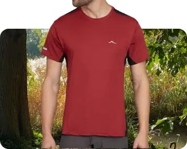 Red athletic t-shirt with black trim on sleeves and shoulders, featuring a small white logo on the chest.