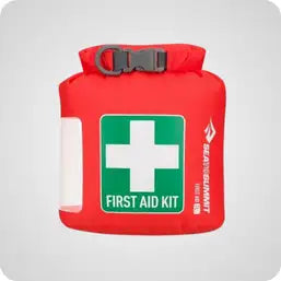 Red waterproof first aid kit with a green cross emblem and black buckle.