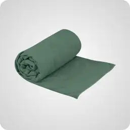 A rolled-up, dark green microfiber towel with a smooth texture and neatly folded edge.