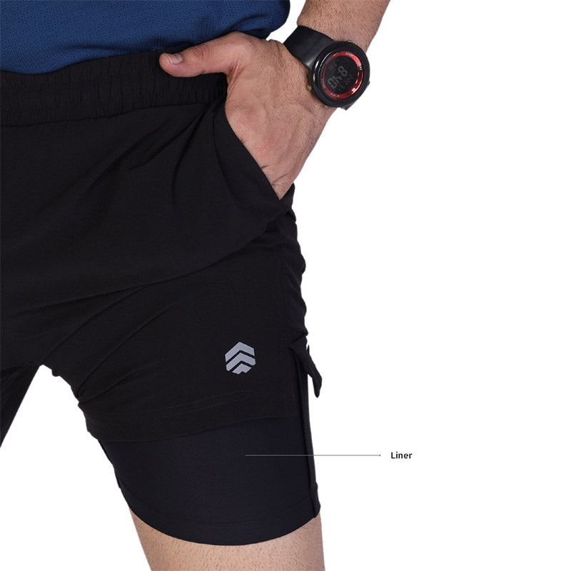 Black Ruggd Indian men's running shorts with multiple pockets and liner, designed for active wear and athletic performance.