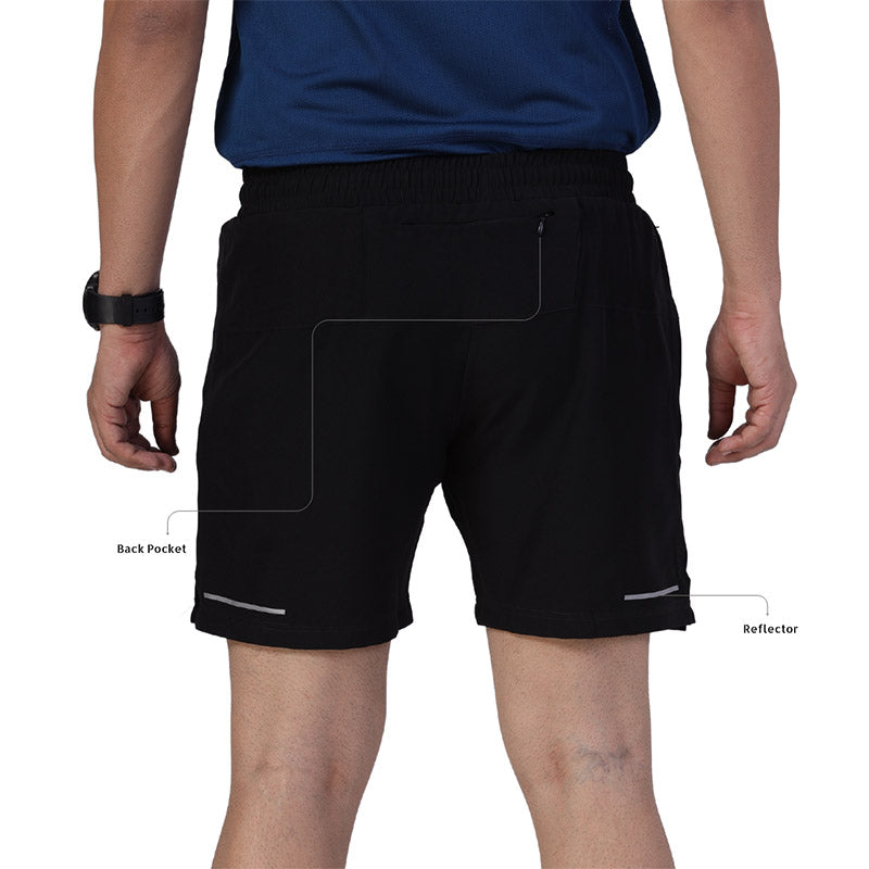 Black Ruggd Indian men's running shorts with multiple pockets and built-in liner, designed for active and athletic use.