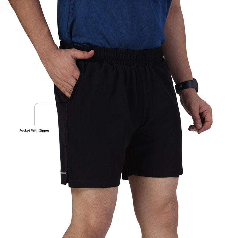 Black Ruggd Indian men's running shorts with multiple pockets and built-in liner, designed for active and athletic wear.