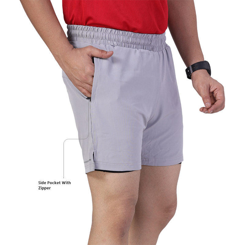 Gray Ruggd Indian men's running shorts with multiple pockets and built-in liner, designed for active sports and outdoor activities.