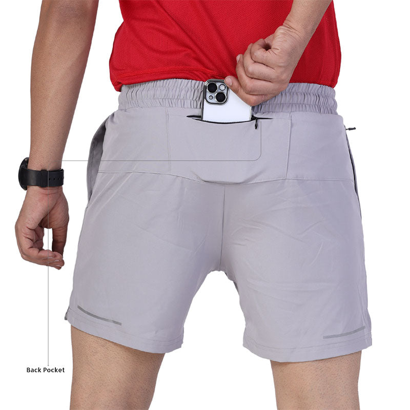 Gray Ruggd Indian men's running shorts with multiple pockets and built-in liner, designed for active and athletic wear.