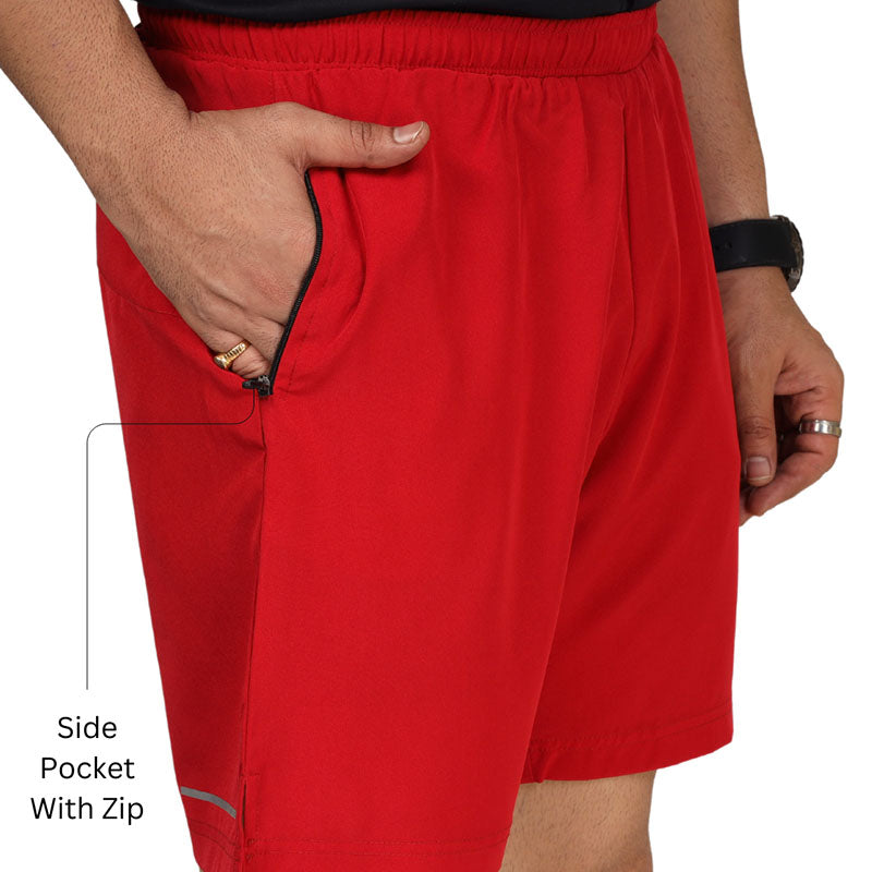 Red Ruggd Indian men's running shorts with multiple pockets and built-in liner, designed for active wear and comfort.