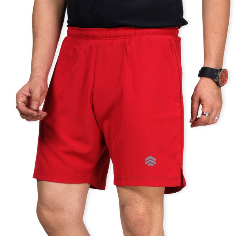 Red Ruggd Indian men's running shorts with multiple pockets and built-in liner, designed for active wear and comfort.