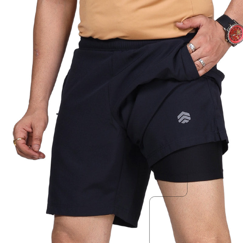 Ruggd Indian men's running shorts with multiple pockets and liner, featuring a lightweight, active design in navy color.