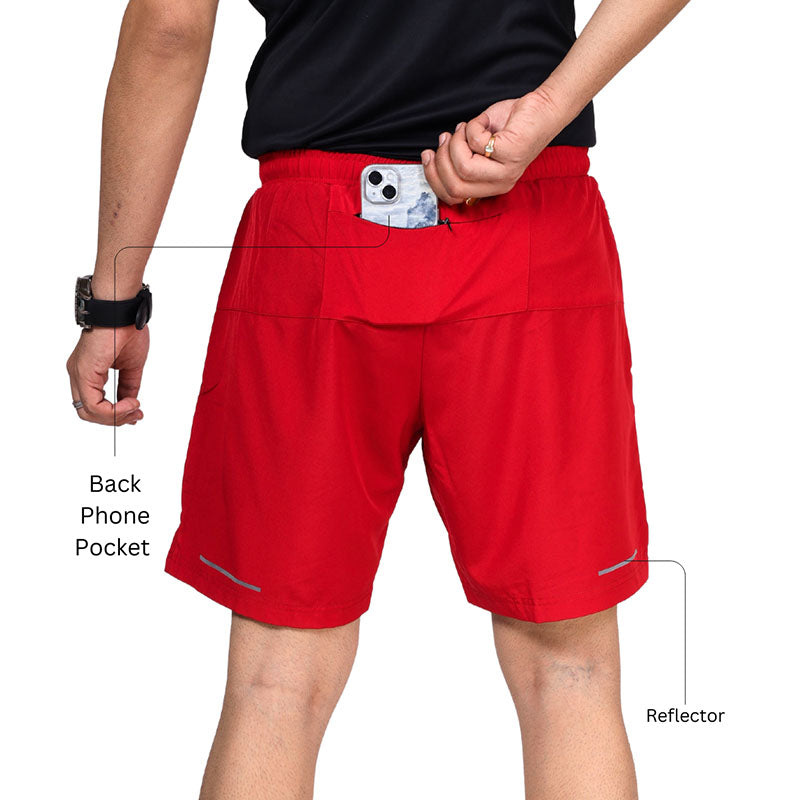Red Ruggd Indian men's running shorts with multiple pockets and built-in liner, designed for active and comfortable movement.
