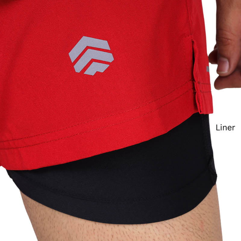 Red Ruggd Indian men's running shorts with multiple pockets and built-in liner, designed for active and comfortable movement.