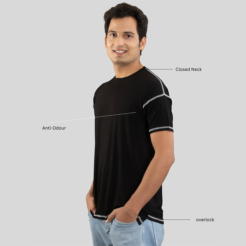 Black Ruggd Indian men's odor-resistant bamboo training T-shirt displayed on a hanger, showcasing its comfortable fit and fabric texture.