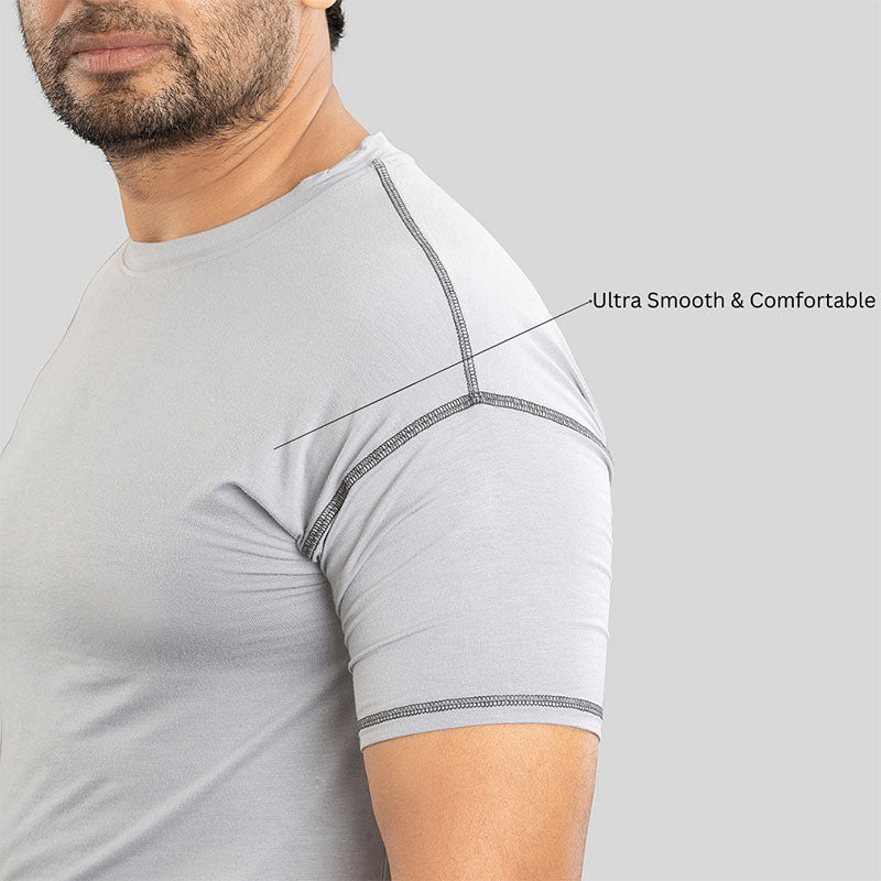 Gray Ruggd Indian men's bamboo training T-shirt with odor-resistant fabric, casual fit, and comfortable design.