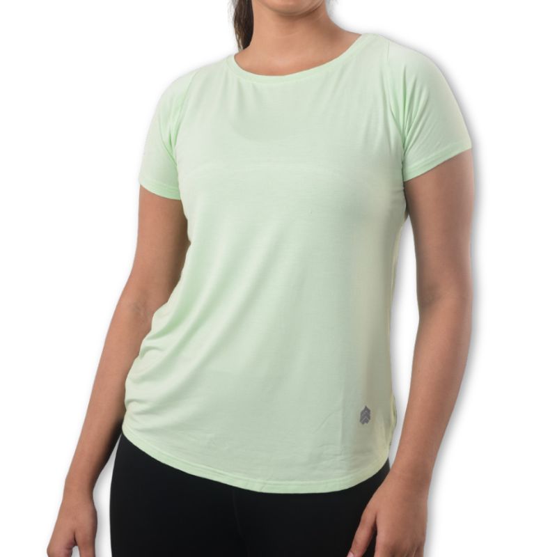 Indian women's odor-resistant bamboo training T-shirt by Ruggd Indian, showing a comfortable, fitted bamboo fabric T-shirt.