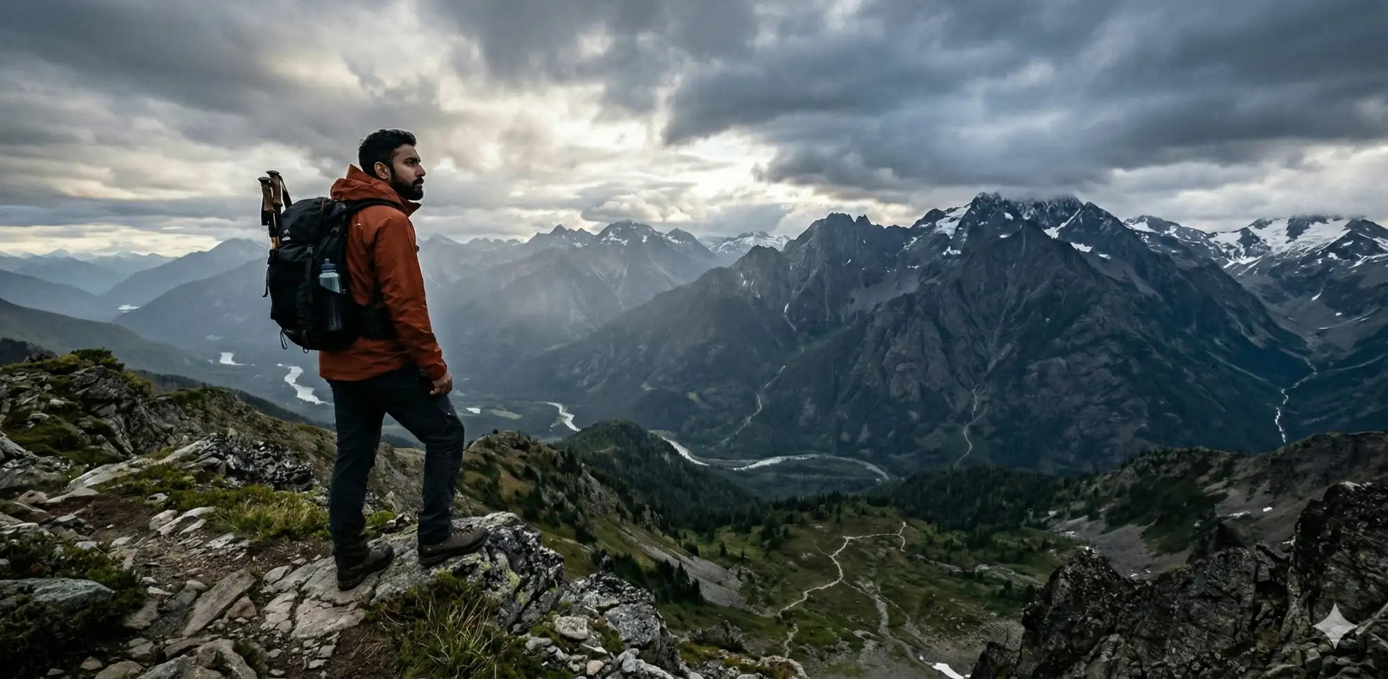 A rugged black backpack with adjustable straps and a water-resistant exterior, worn by a hiker standing atop a mountain ridge.