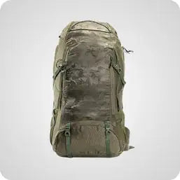 A rugged olive green camouflage backpack with reinforced straps and multiple external pockets.