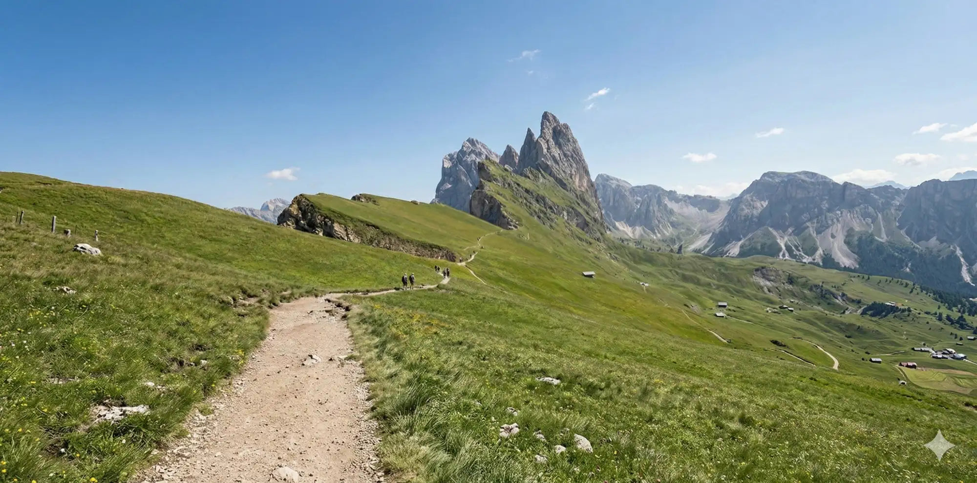 A rugged, rocky mountain peak rises sharply against a clear blue sky.